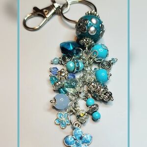 Blue and Silver Beaded Keychain